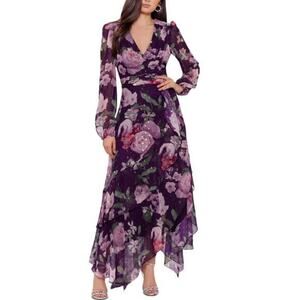 XSCAPE Women’s Purple Floral Print Long Sleeve V-Neck Long Maxi Dress Size 16